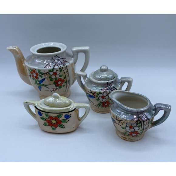 Japanese Teapot Tea Set Lusterware 18-pc Floral Hand-painted Children set AS IS - Picture 9 of 10